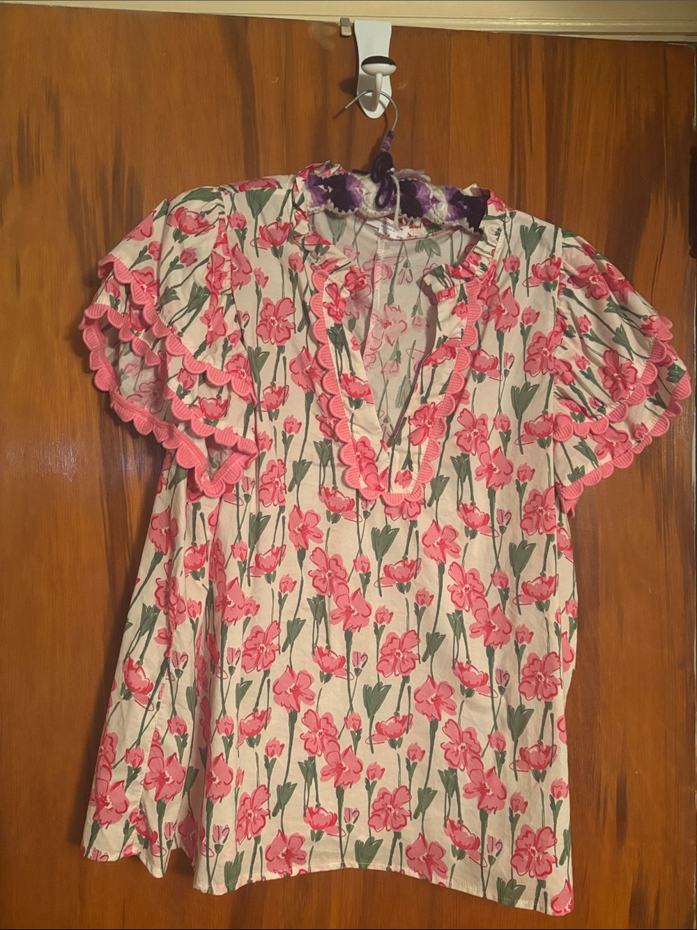 Chicsoul Floral Ruffle Trim Blouse in Pink and Green